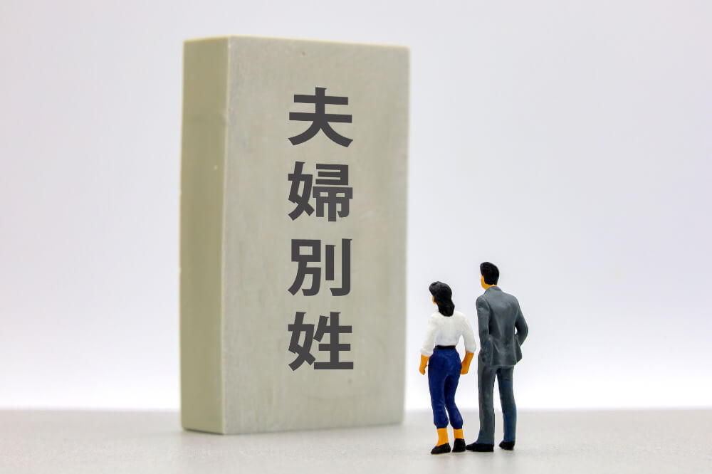 夫婦別姓と書かれたブロックが立っており、その手前に男女のミニフィギュアが立ち尽くしている