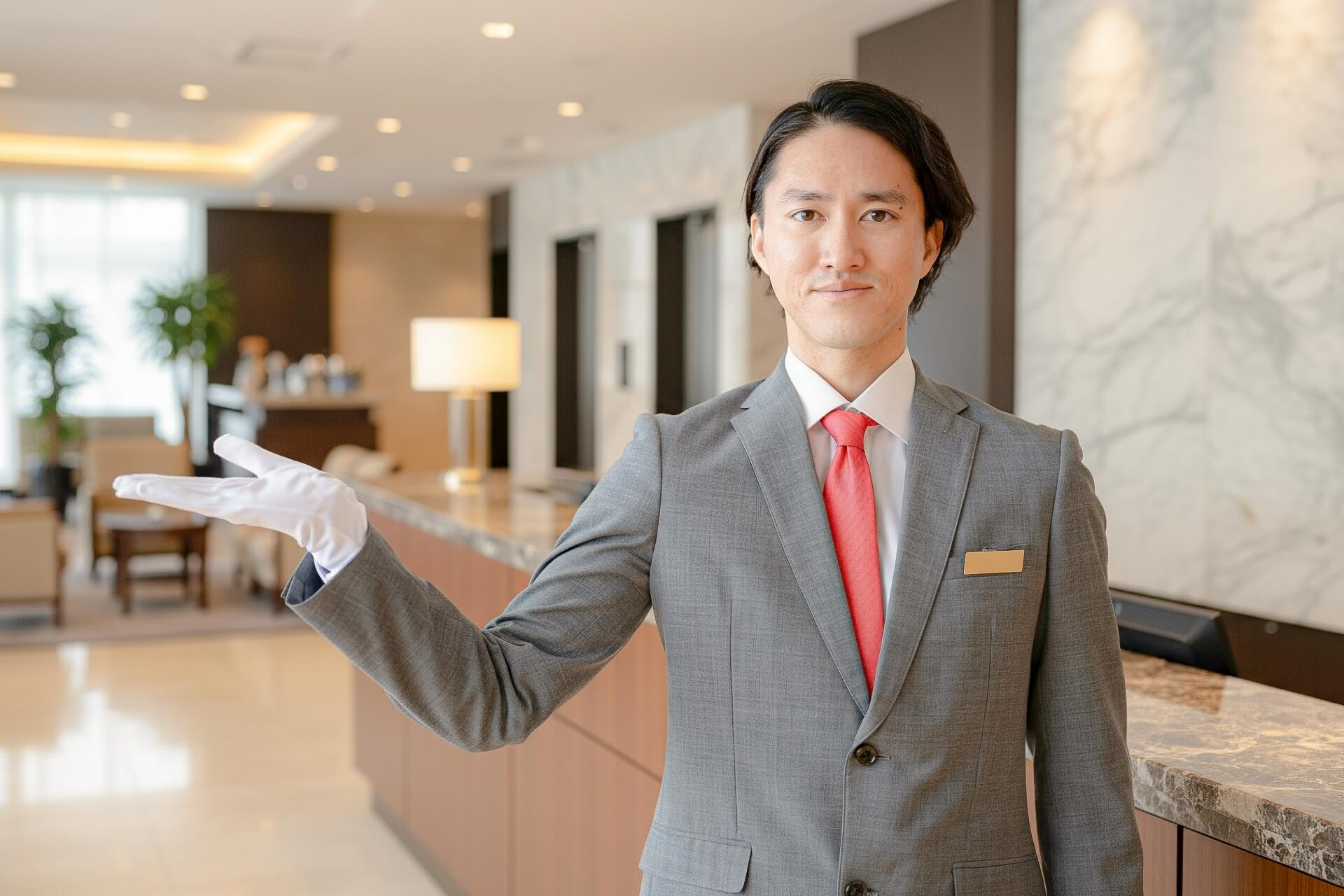 ホテルのロビー、受付カウンターの前に立って右手を軽く上げて案内をするホテルマン。赤系ネクタイにグレーのジャケットスタイル。